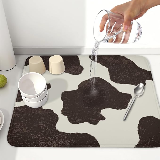 Milk Cow Drying Mat 18x16 Inch, Brown White Cowhide Drying Mat with Absorbent Reversible Microfiber, Cattle Fur Farmhouse Dish Drainer Mats Summer Rack Pad for Coffee Countertop Kitchen Protector