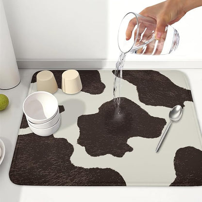 Milk Cow Drying Mat 18x16 Inch, Brown White Cowhide Drying Mat with Absorbent Reversible Microfiber, Cattle Fur Farmhouse Dish Drainer Mats Summer Rack Pad for Coffee Countertop Kitchen Protector