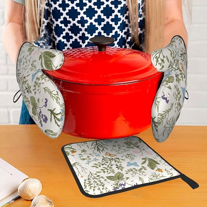 Vintage Floral Oven Mitts and Pot Holders Sets of 3 Cute Botanic Hot Pads Herbs and Wild Flowers Oven Gloves Heat Resistant Washable for Kitchen Cooking Grilling Baking - Image 7