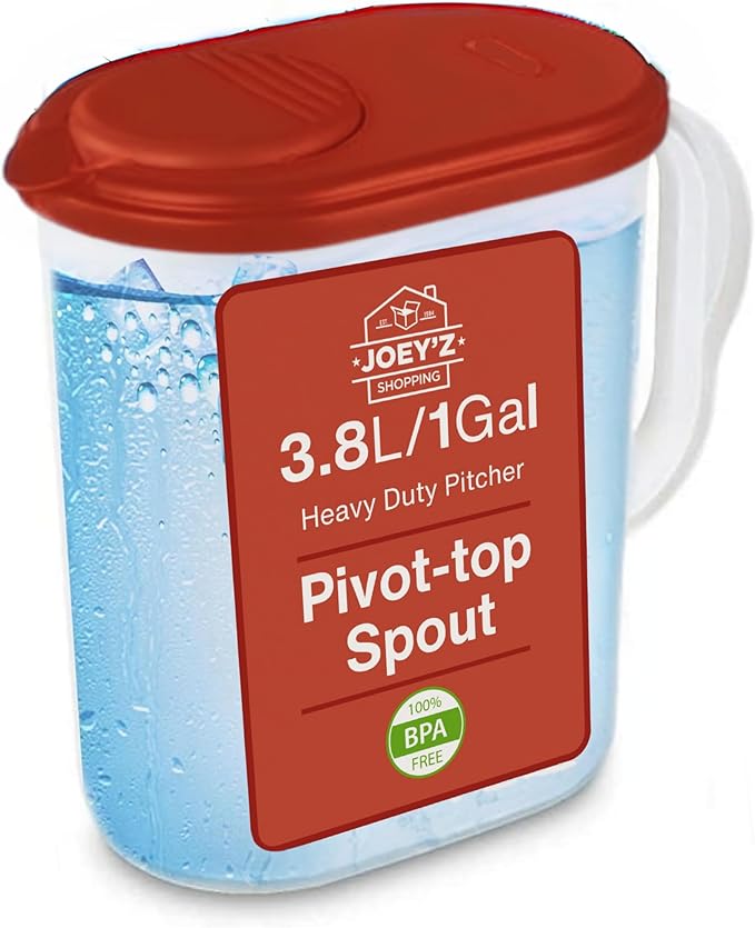 1 Gallon Water Pitcher with Lid & Pivot Top Spout -Slim Design Fits Fridge Door- Tea Pitcher 1 Gallon Plastic Pitcher with Lid 1 Gallon Pitcher with Lid Water Pitchers with Lids Plastic Water Pitcher by JOEYZ