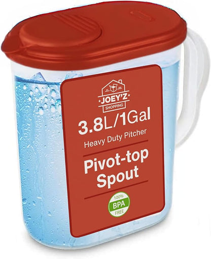 1 Gallon Water Pitcher with Lid & Pivot Top Spout -Slim Design Fits Fridge Door- Tea Pitcher 1 Gallon Plastic Pitcher with Lid 1 Gallon Pitcher with Lid Water Pitchers with Lids Plastic Water Pitcher by JOEYZ