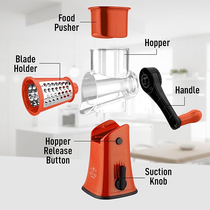 Zulay Kitchen Rotary Cheese Grater 5 Blade Cheese Shredder - Manual Hand Crank Cheese Grater With Reinforced Suction & 5 Interchangeable Drums - Easy to Use, Vegetable Chopper Round Mandoline Slicer - Image 8
