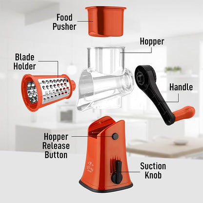 Zulay Kitchen Rotary Cheese Grater 5 Blade Cheese Shredder - Manual Hand Crank Cheese Grater With Reinforced Suction & 5 Interchangeable Drums - Easy to Use, Vegetable Chopper Round Mandoline Slicer - Image 8