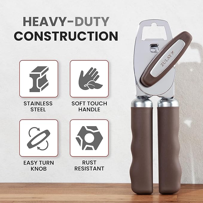 Zulay Kitchen Heavy Duty Stainless Steel Can Opener Manual with Bottle Opener - Rust Proof Manual Can Opener With Turn Knob & Comfy Soft Grip Handles - Brown - Image 3