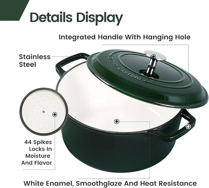 EDGING CASTING Enameled Cast Iron Dutch Oven Pot With Lid, Dutch Oven for Sourdough Bread Baking Round Pot Dule Handle, 7.5 Quart, Green