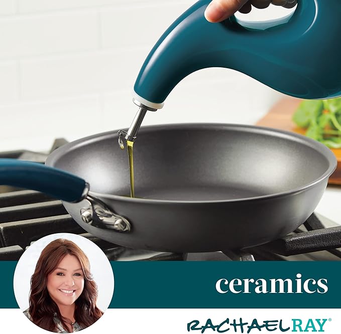 Rachael Ray Serveware Ceramic EVOO Oil and Vinegar Dispensing Bottle Set, 2 Piece, Teal - Image 3
