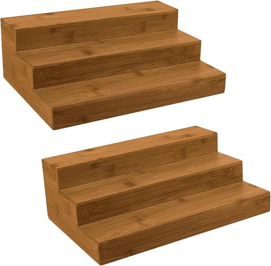 Bamboo Spice Rack Organizer for Cabinet 2 Pack - 3 Tier Countertop Step Shelf, Seasoning Storage Stand for Kitchen Pantry, Spice Holder for Jars Bottles Cans (Brown) by MillTu