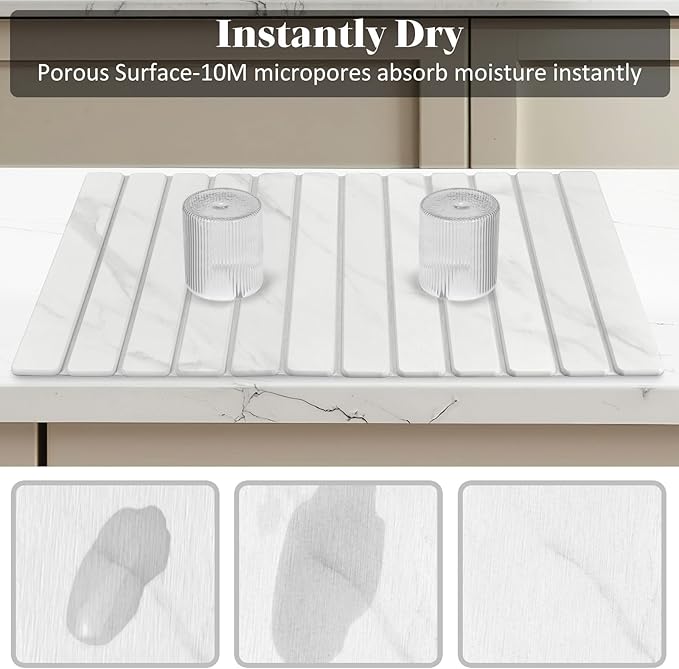 2 PCS Extra Large Stone Dish Drying Mats for Kitchen Counter, 28"(L)×16"(W) Marble-Pattern Dish Drying Mat with 8"x 4" Coasters, Eco-Friendly Diatomite Dish Drying Mat - Fits All Countertops - Image 2