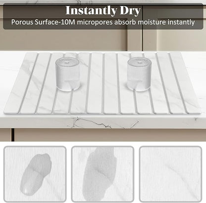 2 PCS Extra Large Stone Dish Drying Mats for Kitchen Counter, 28"(L)×16"(W) Marble-Pattern Dish Drying Mat with 8"x 4" Coasters, Eco-Friendly Diatomite Dish Drying Mat - Fits All Countertops - Image 2