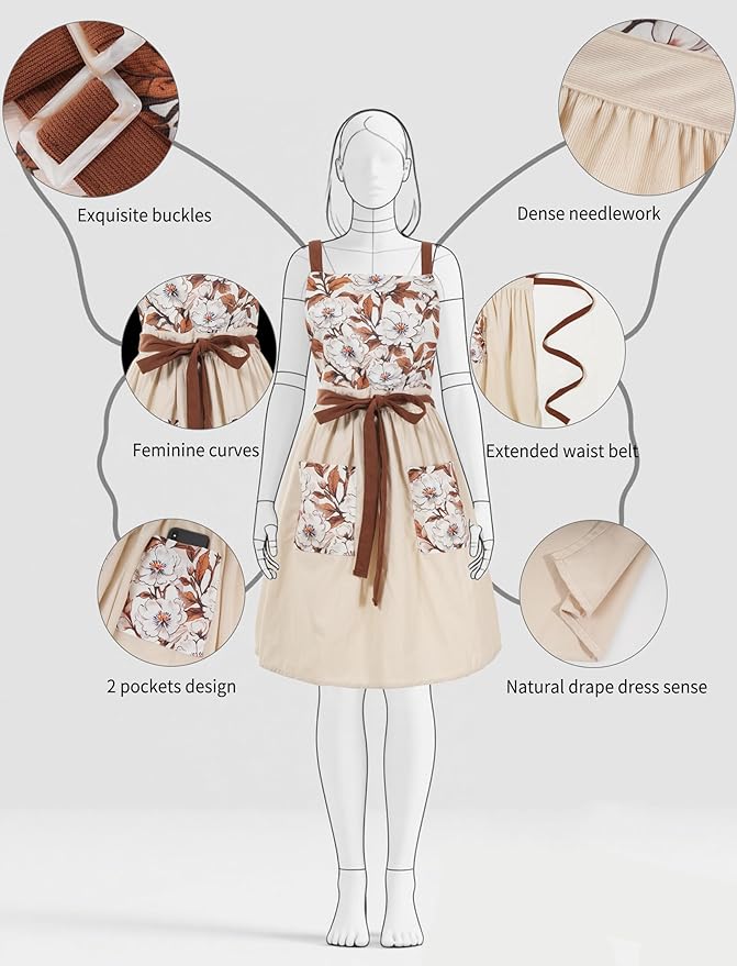Pinknoke Vintage Pinafore Apron Dress for Women with Pockets Cute Floral Chef Aprons for Kitchen Cooking Baking Gardening - Image 4