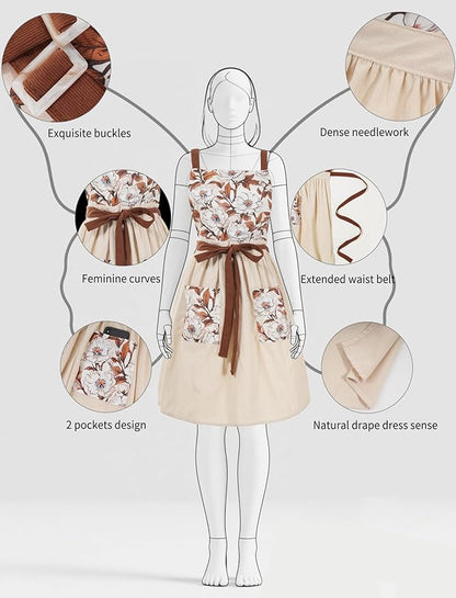 Pinknoke Vintage Pinafore Apron Dress for Women with Pockets Cute Floral Chef Aprons for Kitchen Cooking Baking Gardening - Image 4