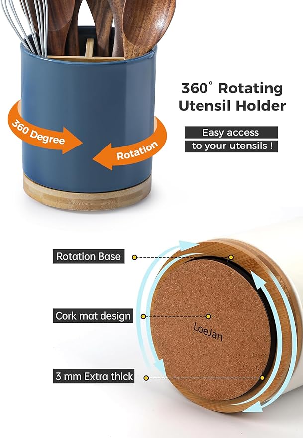 LoeJan 3 Compartment Utensil Holder, Extra Large Utensil Crock, Stable Ceramic Utensil Organizer, Cooking Tool Organizer Set for Kitchen Counter Farmhouse Decor, Blue - Image 5