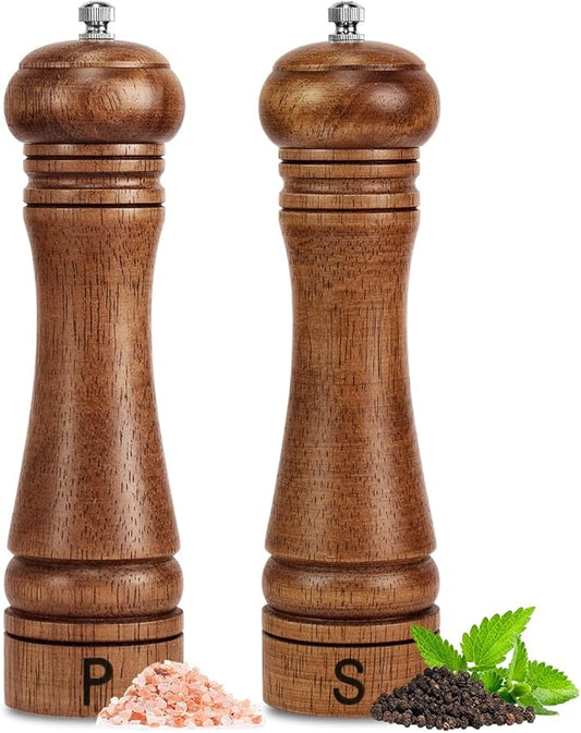 Haomacro Wooden Salt and Pepper Grinder Set Refillable Salt & Pepper Mills Adjust for Coarseness, Crafted of Solid Oak Wood with Ceramic Stainless Steel Core, 8 Inches - 2 Packs by Haomacro