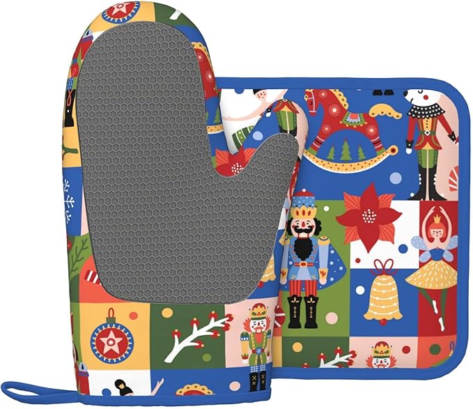 Christmas Nutcrackers Silicone Oven Mitts Pan Mats Set of 2, Heat Resistant Gloves Potholder with Non-Slip Grips Hanging Loops Pot Holder, Spring Summer for Chef Cooking, Baking, Grilling, BBQ