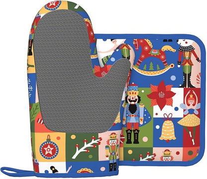 Christmas Nutcrackers Silicone Oven Mitts Pan Mats Set of 2, Heat Resistant Gloves Potholder with Non-Slip Grips Hanging Loops Pot Holder, Spring Summer for Chef Cooking, Baking, Grilling, BBQ