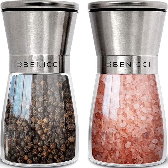 Stainless Steel Salt and Pepper Grinder Set of 2 (5oz) – Manual Adjustable Ceramic Mills – Grinders with 5 Coarseness Levels – Refillable Glass Shakers, No Batteries – Includes Spoon & Brush by BENICCI