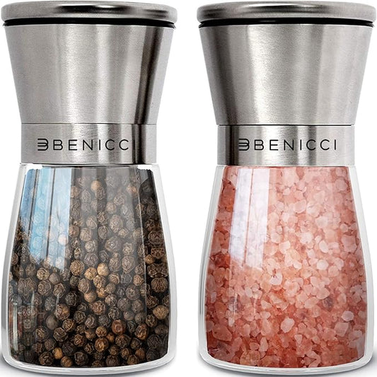 Stainless Steel Salt and Pepper Grinder Set of 2 (5oz) – Manual Adjustable Ceramic Mills – Grinders with 5 Coarseness Levels – Refillable Glass Shakers, No Batteries – Includes Spoon & Brush by BENICCI