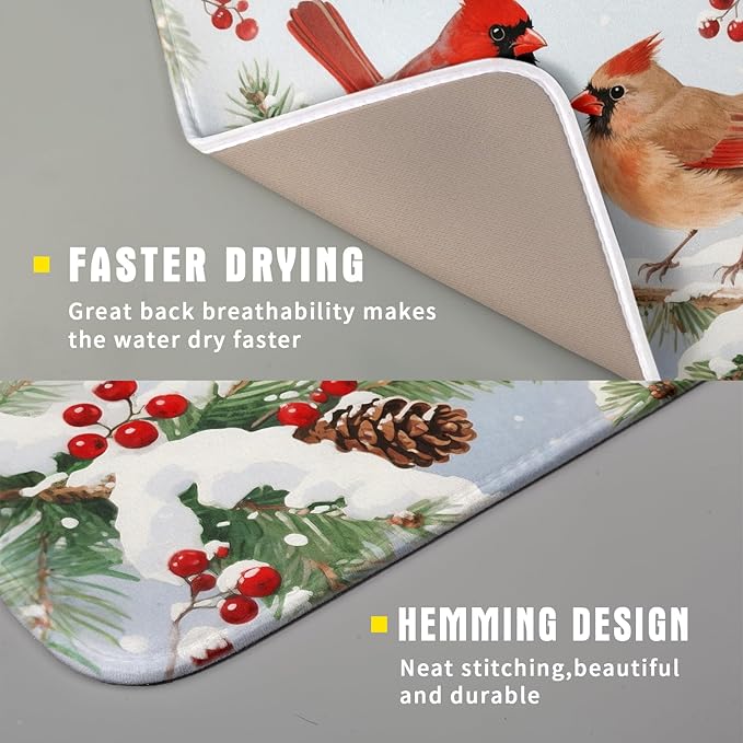 Winter Cardinal Bird Dish Drying Mat for Kitchen Counter 16x18 Christmas Snow Scene Theme Seasonal Absorbent Reversible Microfiber Drying Mats Kitchen Countertop Protector Dishes Drainer Pad - Image 3