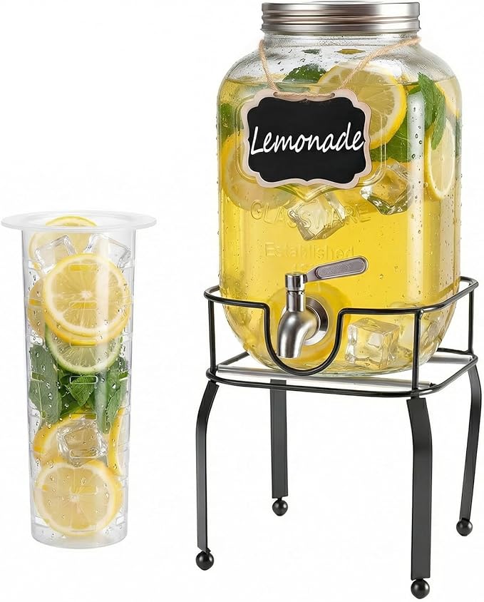 1 Gallon Glass Drink Dispensers For Parties,Beverage Dispenser with Stand,304 Stainless Steel Spigot Leakproof,Lemonade Dispenser for Sun Tea, Homemade Juice by RuileMei
