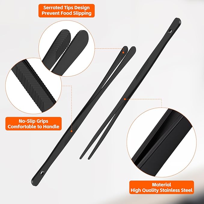 Tifanso Kitchen Tongs for Cooking - 2PCS 12" Stainless Steel Cooking Tongs Tweezers, Metal Fine Kitchen Utensils with Precision Serrated Tips, Professional Chef Tweezers for Serving, BBQ, Pasta, Salad - Image 3