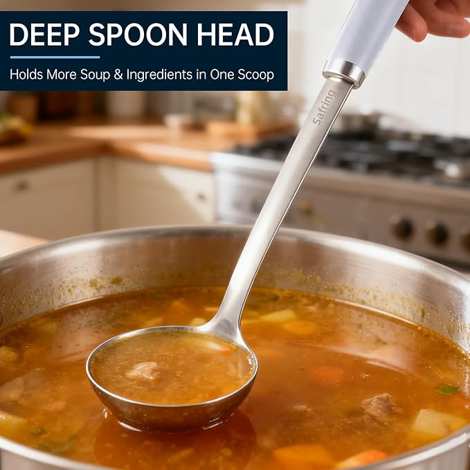 Safring Stainless Steel Soup Ladle and Spaghetti Spoon Set, Heat Resistant Rubber Handle, Dishwasher Safe, Kitchen Utensils for Cooking, Stirring, Serving Pasta, Soup & Sauce (Lavender) - Image 5