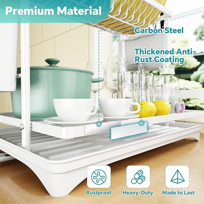 Simple Trending Dish Drying Rack, 2-Tier Dish Rack for Kitchen Counter, Large Dish Drainers Sink Organizers and Storage, White - Image 6