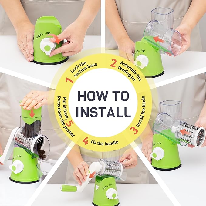 Rotary Cheese Grater Hand Crank, 3 Blades Slicer Shredder, Cheese Grater for Kitchen, Multi-Functional Kitchen Tool for Vegetables, Nuts, Chocolate, with Strong Suction Base, Green - Image 9