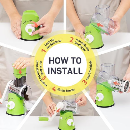 Rotary Cheese Grater Hand Crank, 3 Blades Slicer Shredder, Cheese Grater for Kitchen, Multi-Functional Kitchen Tool for Vegetables, Nuts, Chocolate, with Strong Suction Base, Green - Image 9
