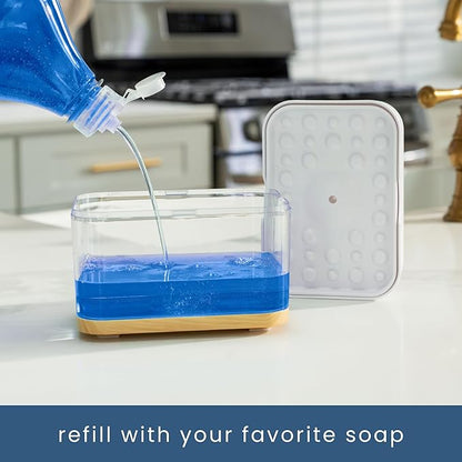 S&T INC. Dish Soap Dispenser and Sponge Holder for Kitchen Sink, Waterproof Labels and Sponge Included, 13 Ounces, Plastic, White and Bamboo - Image 3