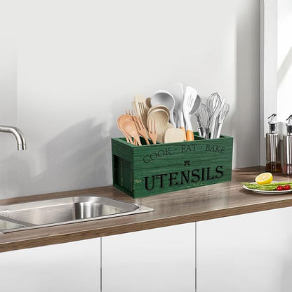 Suli Extra Large Kitchen Utensils Holder with 4 Compartments, Wooden Utensil Organizer for Kitchen Countertop, Farmhouse Decor, Rustic Cooking Utensil - Green grain - Image 8