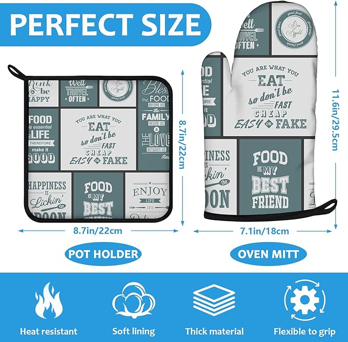 Vintage Farmhouse Food Pattern Oven Mitts and Pot Holders Sets Heat Resistant 4Pcs Potholders Oven Gloves Hot Pads for Kitchen Baking Cooking Grilling BBQ