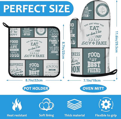Vintage Farmhouse Food Pattern Oven Mitts and Pot Holders Sets Heat Resistant 4Pcs Potholders Oven Gloves Hot Pads for Kitchen Baking Cooking Grilling BBQ