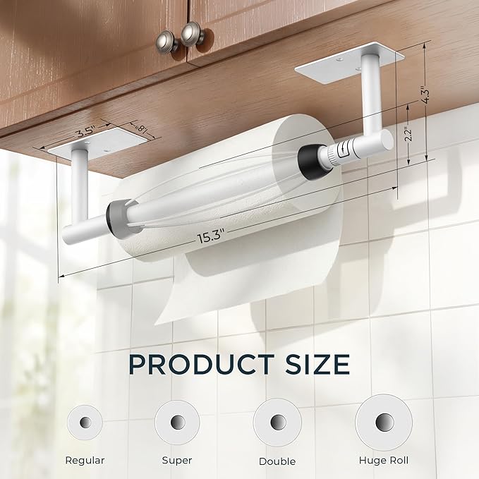 FORIOUS Paper Towel Holder Under Cabinet, Single Hand Operable with Adjustable Damping for Easy Tear, Adhesive or Drill Wall Mount, 304 Commercial Paper Towel Holder for Kitchen Bathroom, White - Image 6