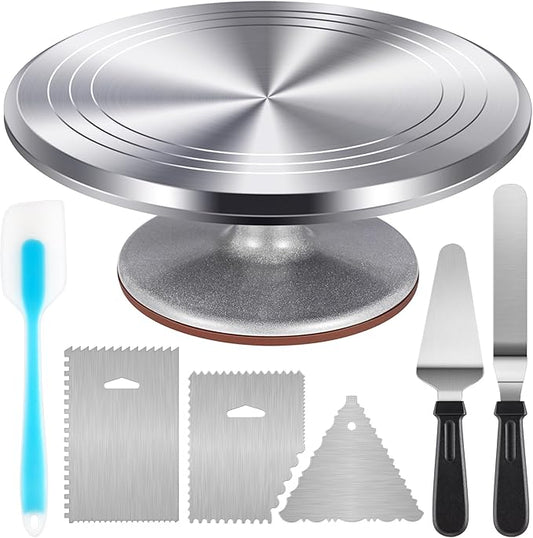 Kootek Aluminium Cake Turntable Set, Baking Tools with Revolving 12" Cake Stand for Decorating, 12.7" Offset Spatula, 3 Stainless Steel Frosting Icing Smoother, Cake Serve Cake Decorating Kit Supplies by Kootek