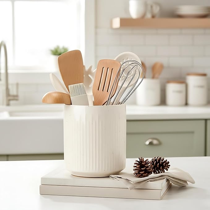 JIEMEI HOME Kitchen Utensil Holder, 7.2" Large Ceramic Stable Utensil Crock for Countertop, Utensil Organizer with Cork Mat, Removable Bamboo Divider for Easy, Kitchen Decor, Aged Ivory Speckle - Image 6