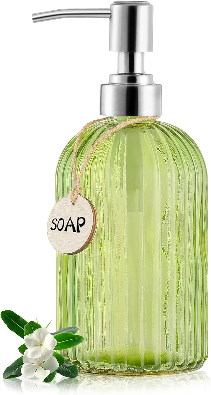 MOCLIF 16 OZ Soap Dispenser，Tempered Glass Clear Vertical Stripe with 304 Rust Proof Stainless Steel Pump Refillable Liquid Hand Soap Dispenser，for Bathroom, Kitchen, Dish Soap，Lotion (Green) by MOCLIF