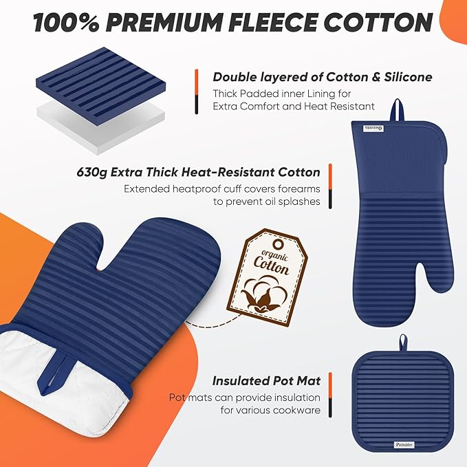 Oven Mitts Kitchen Towels and Dishcloths with Pot Holders Sets, Oven Gloves Hot Pads 500°F Heat Resistant with Silicone Grip, Include 2 Cooking Gloves/2 Potholders/4 Kitchen Towels/4 Dish Towels - Image 3