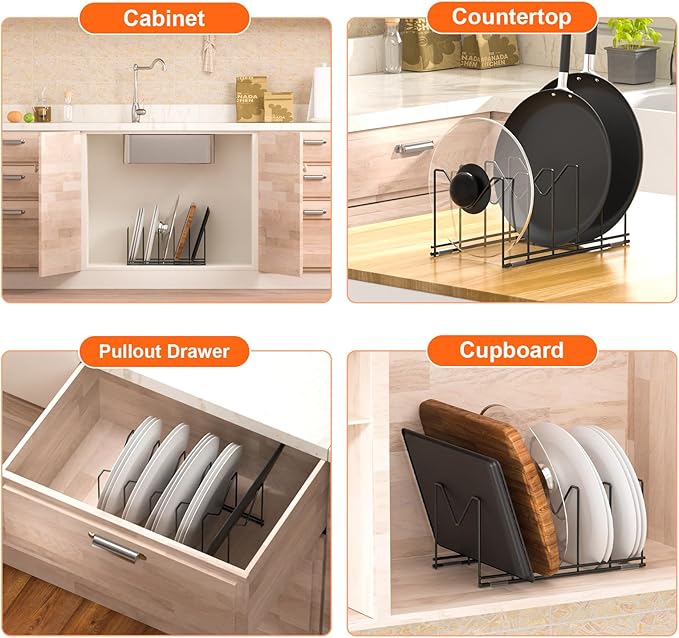 HzTinT 3 Pack Pot Lid Organizer for Cabinet, Stainless Steel Pot Lid Rack with Anti-slip Pad, Lid Holder for Pans Pots, Bakeware, Plates, Cookie Sheets, Trays, Dish, Cutting Boards, Classic Black - Image 6