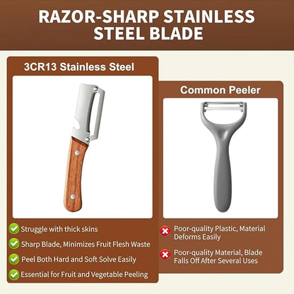 3 Pack 2 in 1 Multi-Functional Vegetable Peeler for Kitchen, Ultra-Sharp Stainless Steel Blade with Ergonomic Wooden Handle & Bottle Opener, Premium Kitchen Tool for Potato, Apple, Carrot, Pumpkin - Image 4