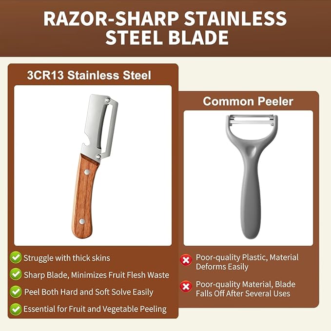2 Pack 2 in 1 Multi-Functional Vegetable Peeler for Kitchen, Ultra-Sharp Stainless Steel Blade with Ergonomic Wooden Handle & Bottle Opener, Premium Kitchen Tool for Potato, Apple, Carrot, Pumpkin - Image 3