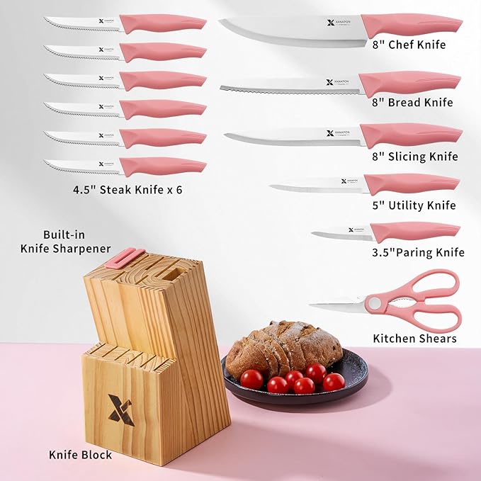 XANAPON 14-Piece Kitchen Knife Set with Block, High Carbon Stainless Steel Sharp Chef Knives with Built-in Sharpener, Ergonomic Handles, Professional Cutlery for Home Cooking & Gifts, Pink - Image 2