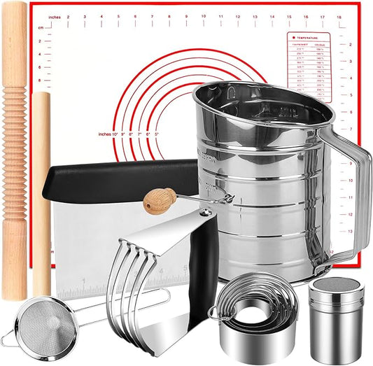 Biscuit Cutter Set, 14PCS Pastry Blender Set with Pastry Cutter, Flour Sifter, Rolling Pin, Biscuit Cutter, Dough Cutter, Powdered Sugar Shaker Duster, Fine Mesh Strainer Baking Mat for Cooking Baking by ATPWONZ