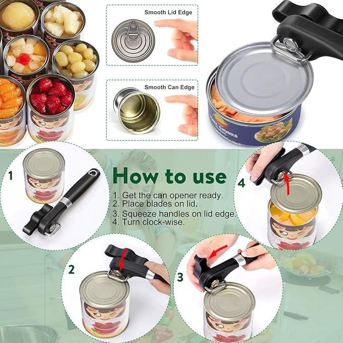 Can Opener Smooth Edge & Bottle Opener, Manual Side Safe Cut Can Opener Smooth Edge with Durable Sharp Blade, Effort-Saving Knob & Comfortable Non-slip Handle, (2-Pack, Black) - Image 4