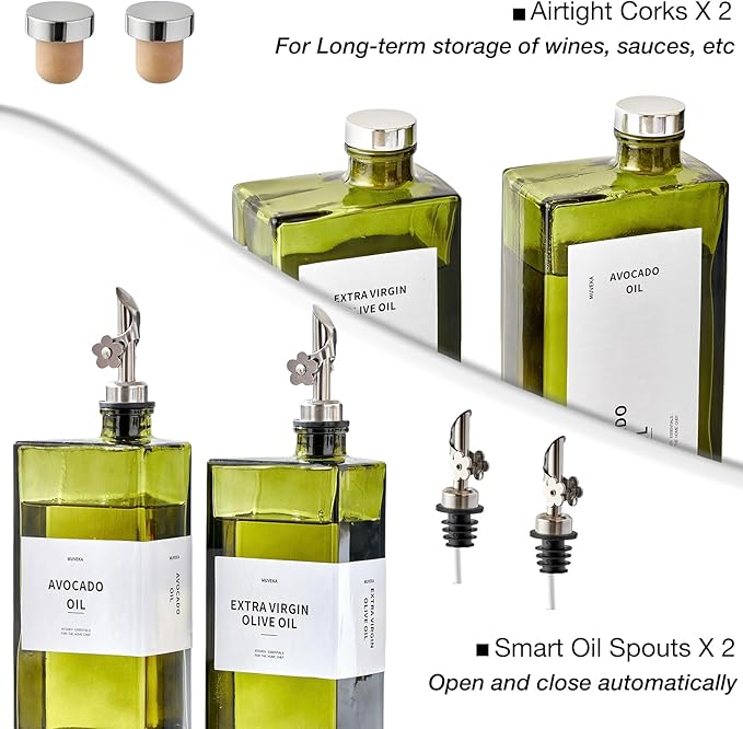 Olive Oil Dispenser Bottle for Kitchen, 16.9oz /500ml Cooking Vinegar Dispenser Bottle Set, Glass Sauce Container, Labels, Brush, Funnel, Stoppers, Green for Oil, Wine - Image 5