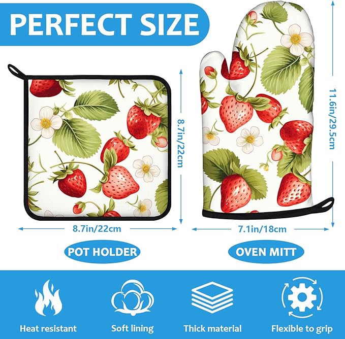 Red Strawberry Flower Oven Mitts and Pot Holders Sets Heat Resistant 4Pcs Potholders Oven Gloves Hot Pads for Kitchen Baking Cooking Grilling BBQ