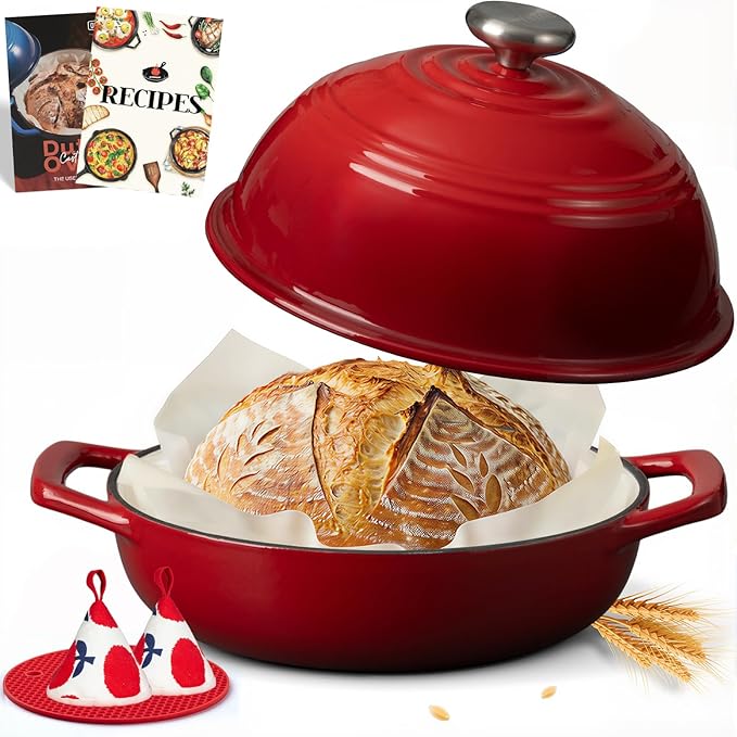 Overmont Enameled Cast Iron Bread Oven - 6QT Bread Dutch Oven for Sourdough Baking - Bread Pot with Dome Lid Cotton Potholders & Cookbook - Multi-Functional Bread Pan For Baking Frying Roasting by Overmont