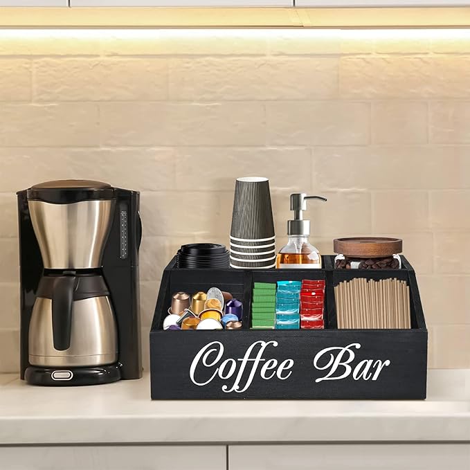 ugiftt Coffee Station Organizer for Counter, Wood Coffee Pods Holder Storage Basket, Tea Condiment Storage Organizer, Rustic Coffee Bar Decor for Coffee Accessories Organizer - Image 4