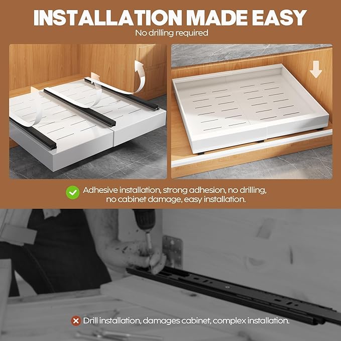 Seinloes 2 Pack Expandable (15.1"-26.3") Pull Out Cabinet Organizer 21" Deep With Raising Pad for Framed Cabinets,Upgrade 3 Slide Rails Slide Out Drawers,No Drill Roll Out Shelves Adhesive,White - Image 6