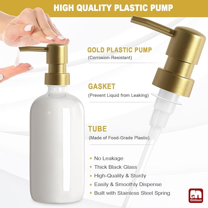 GMISUN Kitchen Soap Dispenser, 16 Oz Kitchen Dish Soap Dispenser Set with Ceramic Tray & Bamboo Brush, 2Pcs Farmhouse Dish Soap Dispenser for Kitchen, Modern White Glass Liquid Hand Soap Dispenser - Image 4