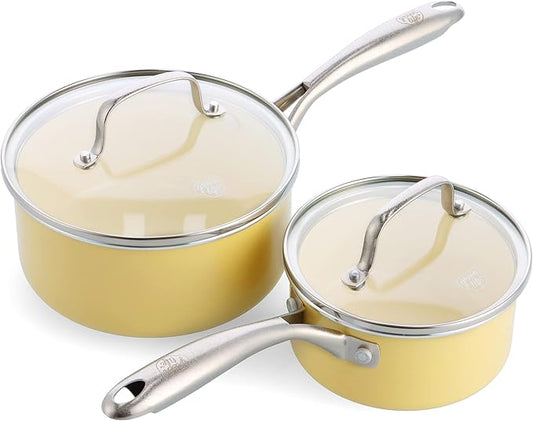 GreenLife Artisan Healthy Ceramic Nonstick, 1QT and 2QT Saucepan Pot Set with Lids, Stainless Steel Handle, Induction, PFAS-Free, Dishwasher Safe, Oven Safe, Yellow